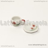 Set tazzina con piattino in ceramica bianca decorazione tulipani 10mm