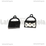 Charm Borsa in metallo smaltato nero bianco con strass 15.5x13.5mm