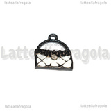 Charm Borsa in metallo smaltato nero bianco con strass 15.5x13.5mm