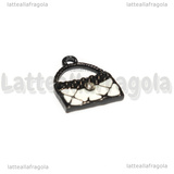 Charm Borsa in metallo smaltato nero bianco con strass 15.5x13.5mm