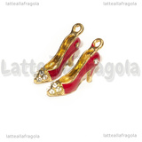 Ciondolo Scarpa con Tacco 3D in metallo dorato smaltato rosso e strass 25x5x11mm