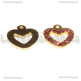 Ciondolo Cuore in Acciaio Inox Dorato con pavè di strass rosa 15x14mm