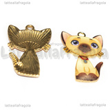Ciondolo Gatto Siamese in metallo dorato smaltato 30x20mm