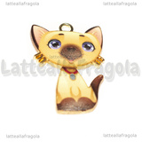 Ciondolo Gatto Siamese in metallo dorato smaltato 30x20mm
