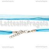 Collana in organza e cotone cerato azzurro 43cm catena di allungamento toni argentati