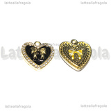 Ciondolo Cuore con Strass e Fiocco in metallo dorato smaltato Nero 18x18mm