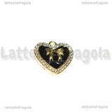 Ciondolo Cuore con Strass e Fiocco in metallo dorato smaltato Nero 18x18mm