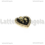 Ciondolo Cuore con Strass e Fiocco in metallo dorato smaltato Nero 18x18mm