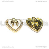 Ciondolo Cuore con Strass e Fiocco in metallo dorato smaltato Bianco 18x18mm