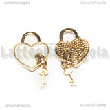 Ciondolo Cuore Lucchetto e Chiave in metallo dorato smaltato Bianco 18x15mm