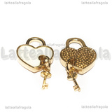 Ciondolo Cuore Lucchetto e Chiave in metallo dorato smaltato Bianco 18x15mm
