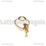 Ciondolo Cuore Lucchetto e Chiave in metallo dorato smaltato Bianco 18x15mm
