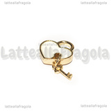 Ciondolo Cuore Lucchetto e Chiave in metallo dorato smaltato Bianco 18x15mm