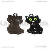 Ciondolo Gatto in metallo argentato smaltato nero 25x15mm