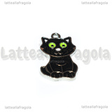Ciondolo Gatto in metallo argentato smaltato nero 25x15mm