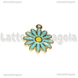 Ciondolo Fiore in Acciaio Inox Dorato smaltato Azzurro 18x15.5mm
