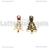 Charm Albero di Natale con strass in metallo dorato smaltato bianco 18x9mm