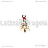 Charm Albero di Natale con strass in metallo dorato smaltato bianco 18x9mm