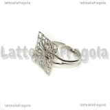 Base anello in metallo argentato piastra quadrata filigranata 16mm