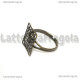 Base anello in metallo color bronzo piastra quadrata filigranata 16mm