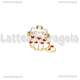 Ciondolo Gatto con cuoricini in metallo smaltato Bianco 19x19mm