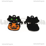 Charm Gatto Nero con Zucca in metallo smaltato 23x19mm
