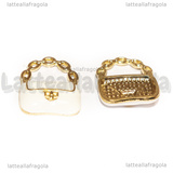 Charm Borsa in metallo dorato smaltato bianco 19.5x16mm