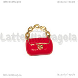 Charm Borsa in metallo argentato smaltato rosso 19.5x16mm