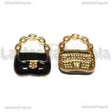 Charm Borsa in metallo dorato smaltato nero 19.5x16mm