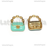 Charm Borsa in metallo dorato smaltato azzurro 19.5x16mm