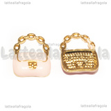 Charm Borsa in metallo dorato smaltato rosa 19.5x16mm
