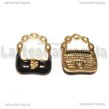 Charm Borsa in metallo dorato smaltato nero e bianco 19.5x16mm