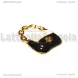 Charm Borsa in metallo argentato smaltato nero e bianco 19.5x16mm