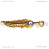 Ciondolo Piuma Occhio Greco smaltato in metallo dorato 35x8.7mm