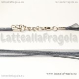 Collana in organza e cotone cerato grigio 43cm con catena di allungamento toni argentati