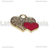 Ciondolo Cuori in metallo dorato smaltato Rosso e Strass 15.5x19mm