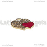 Ciondolo Cuori in metallo dorato smaltato Rosso e Strass 15.5x19mm