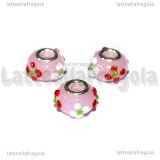 Perla in Lampwork Fiori sfondo rosa 14x10mm