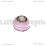 Perla in Lampwork Rosa righe bianche 14x10mm