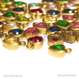 3 Charms Cuore in Acciaio Inox Dorato placcato oro 18K cristalli colori misti 8x6x3mm