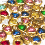 3 Charms Cuore in Acciaio Inox Dorato placcato oro 18K cristalli colori misti 8x6x3mm