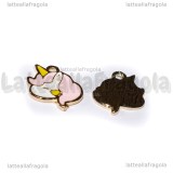 Charm Unicorno in metallo dorato smaltato rosa 16x14mm