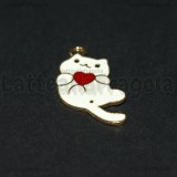 Ciondolo Gatto Bianco con Cuore in metallo dorato smaltato 30x15mm