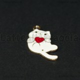 Ciondolo Gatto Bianco con Cuore in metallo dorato smaltato 30x15mm