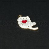 Ciondolo Gatto Bianco con Cuore in metallo dorato smaltato 30x15mm