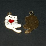 Ciondolo Gatto Bianco con Cuore in metallo dorato smaltato 30x15mm