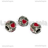 Perla foro largo in metallo argento antico Cuore smaltato rosso 9x8mm