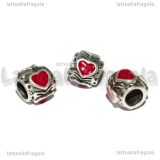 Perla foro largo in metallo argento antico Cuore smaltato rosso 9x8mm