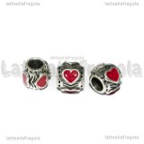 Perla foro largo in metallo argento antico Cuore smaltato rosso 9x8mm