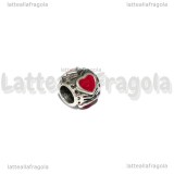 Perla foro largo in metallo argento antico Cuore smaltato rosso 9x8mm
